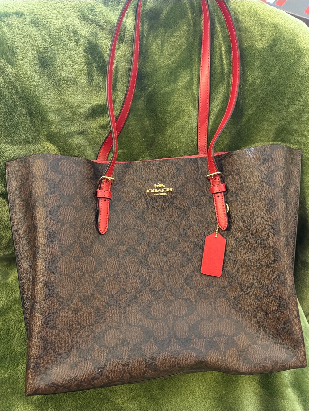 COACH Brown Signature Canvas Tote with Red Trim